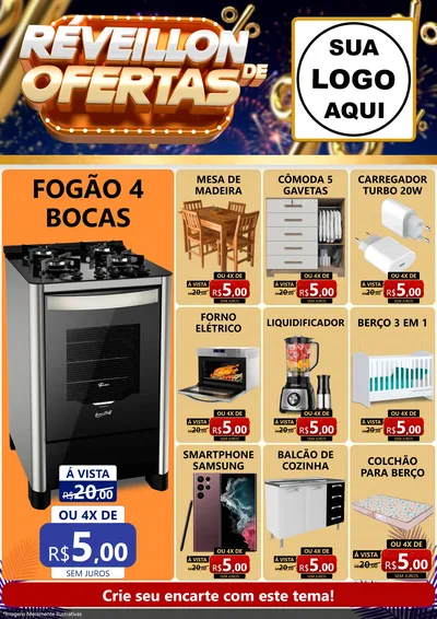 Modelo de Encarte para Encarte A4 Vertical com o tema Réveillon de Ofertas para Móveis e Eletro