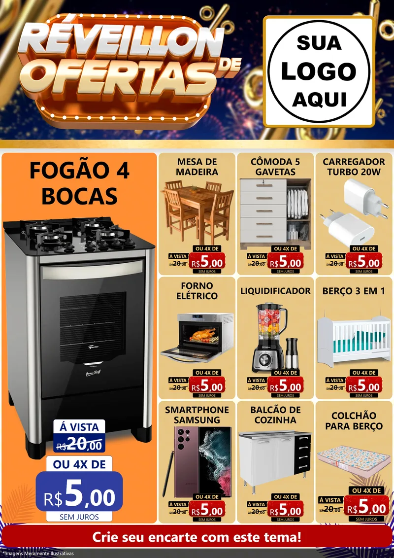 Modelo de Encarte para Encarte A4 Vertical com o tema Réveillon de Ofertas para Móveis e Eletro