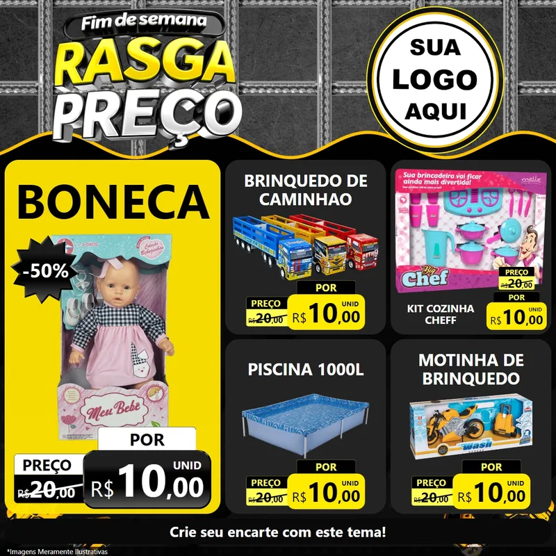 Modelo de Rede Social para Feed Facebook com o tema Fim de Semana Rasga Preço para Brinquedos