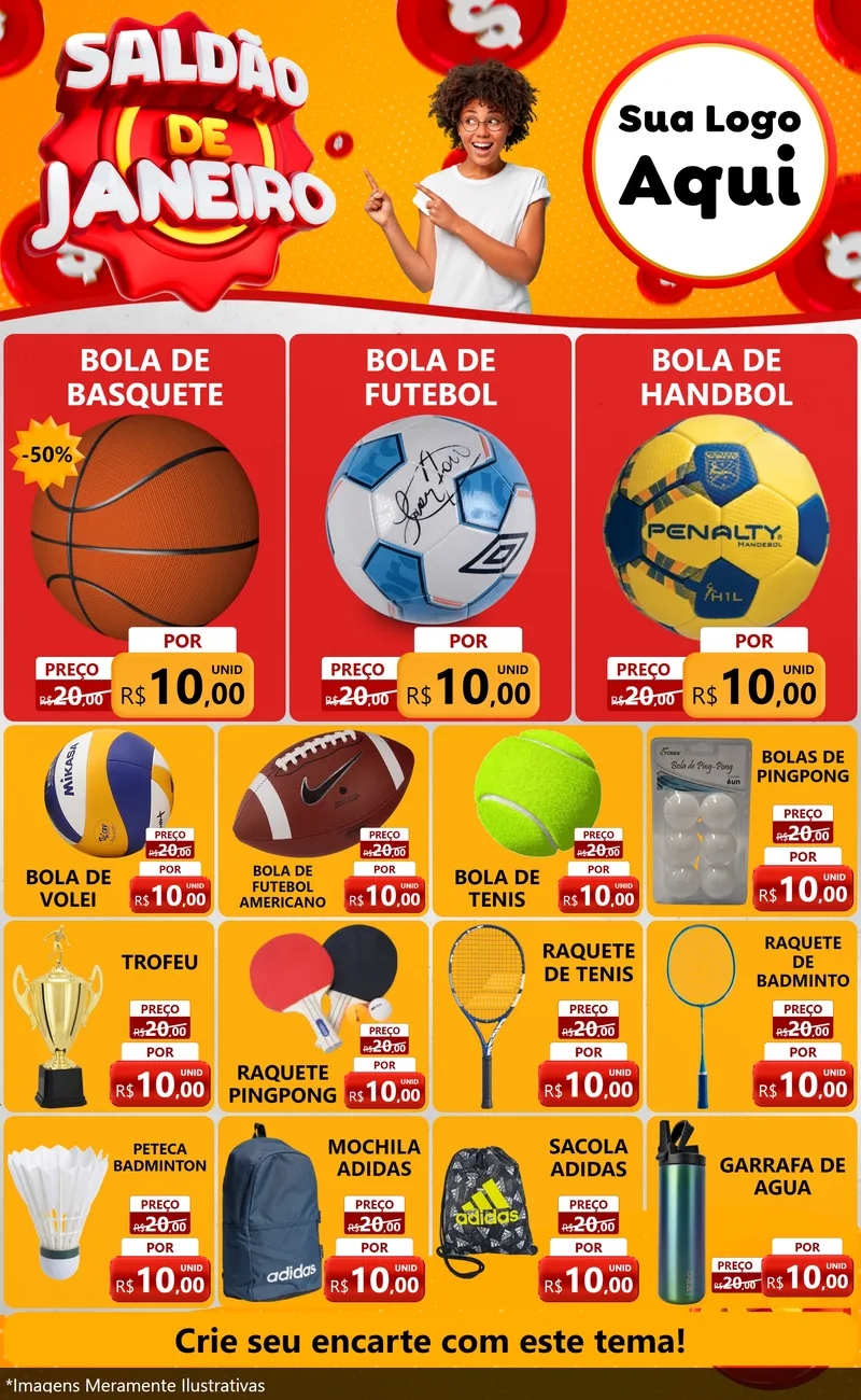 Modelo de Encarte para Encarte Grande com o tema Saldão de Janeiro para Artigos Esportivos