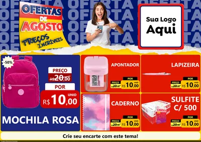 Modelo de Encarte para Encarte A4 Horizontal com o tema Ofertas de Agosto - Preços Incríveis para Papelaria