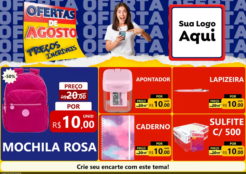 Modelo de Encarte para Encarte A4 Horizontal com o tema Ofertas de Agosto - Preços Incríveis para Papelaria