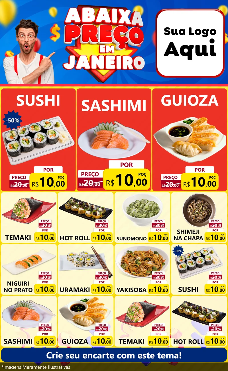 Modelo de Encarte para Encarte Grande com o tema Abaixa Preço em Janeiro para Comida japonesa
