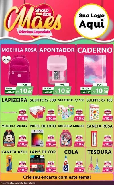 Modelo de Encarte para Encarte Grande com o tema Show das Mães - Ofertas Especiais para Papelaria