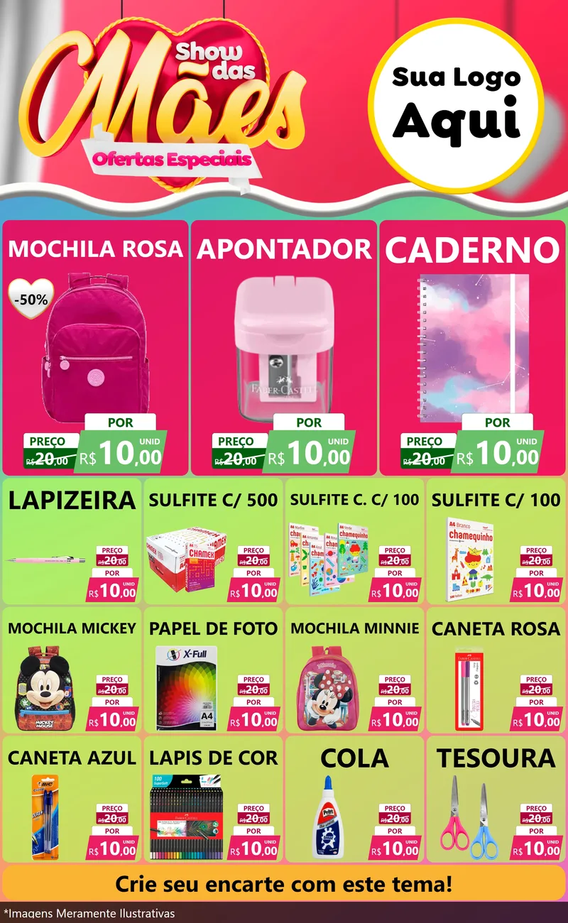 Modelo de Encarte para Encarte Grande com o tema Show das Mães - Ofertas Especiais para Papelaria