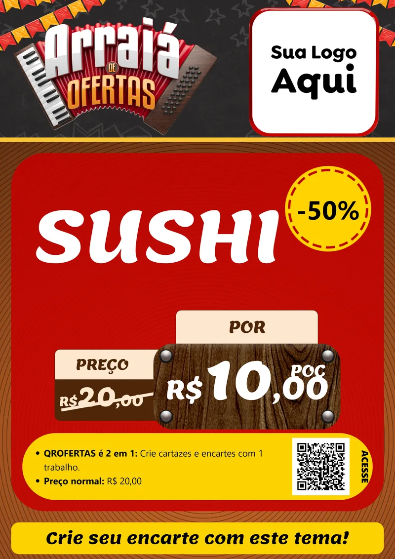 Modelo de Cartaz para Cartaz A4 Vertical com o tema Arraiá de Ofertas - Junina para Comida japonesa