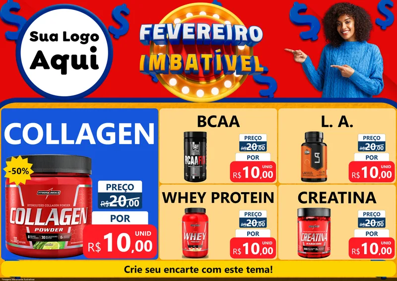 Modelo de Encarte para Encarte A4 Horizontal com o tema Fevereiro Imbatível para Suplementos alimentares
