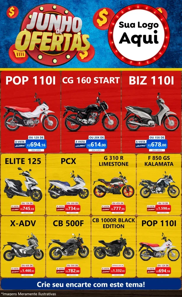 Modelo de Encarte para Encarte Grande com o tema Junho de Ofertas para Concessionaria de Motos