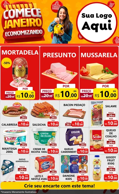 Modelo de Encarte para Encarte Grande com o tema Comece Janeiro Economizando para Frios e Laticínios