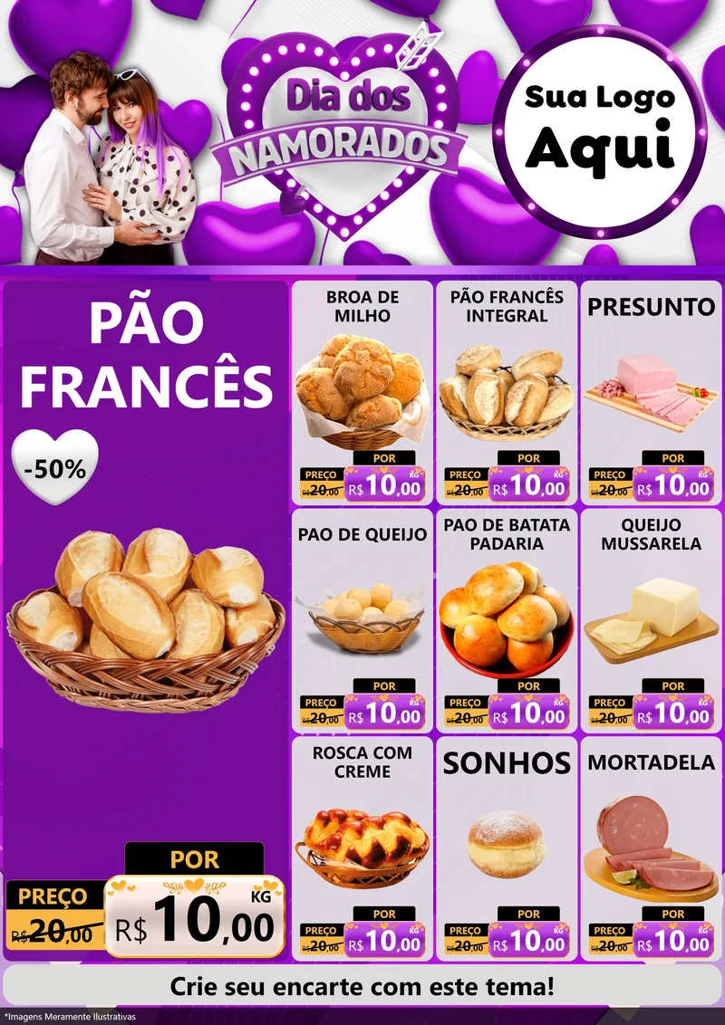 Modelo de Encarte para Encarte A4 Vertical com o tema Dia dos Namorados para Padaria