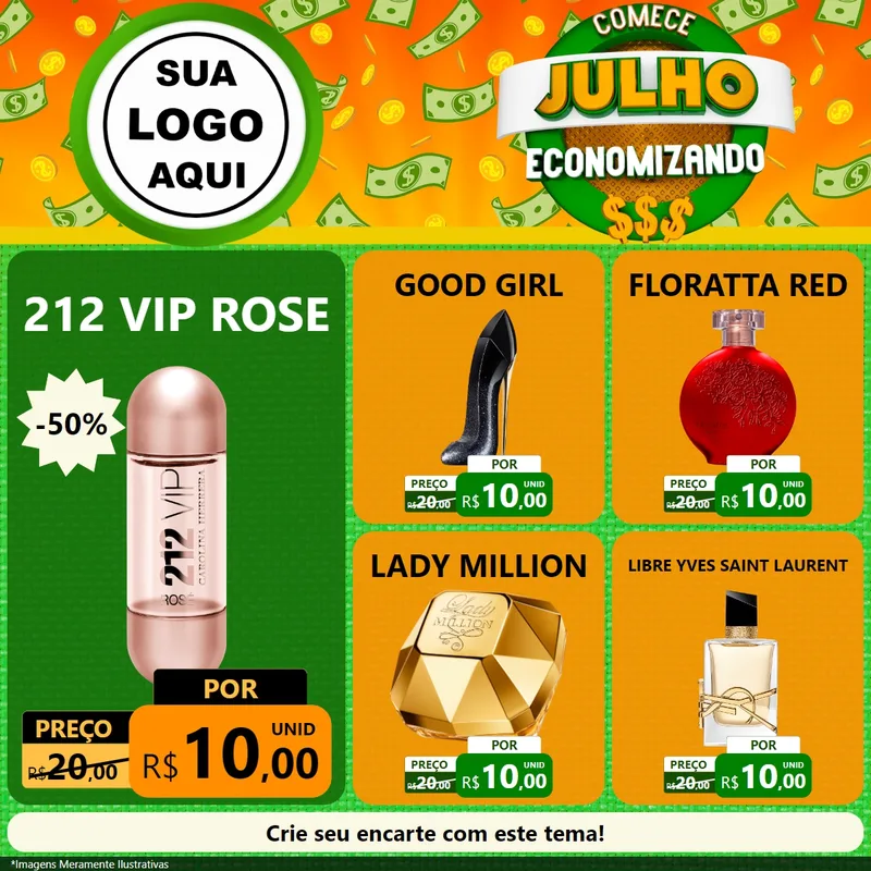 Modelo de Rede Social para Feed Facebook com o tema Comece Julho Economizando para Perfumes