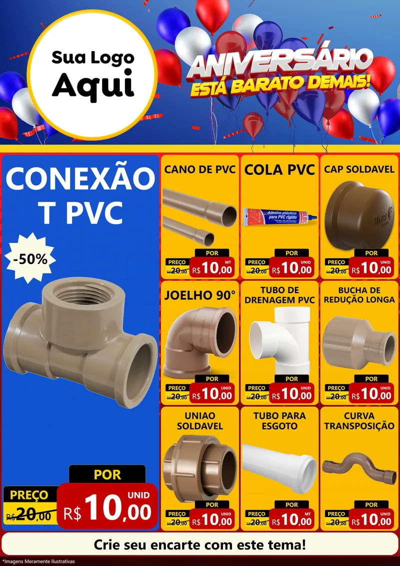 Modelo de Encarte para Encarte A4 Vertical com o tema Aniversário para Tubos e conexões