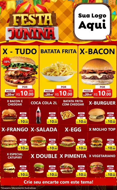 Modelo de Encarte para Encarte Grande com o tema Festa Junina para Hamburgueria