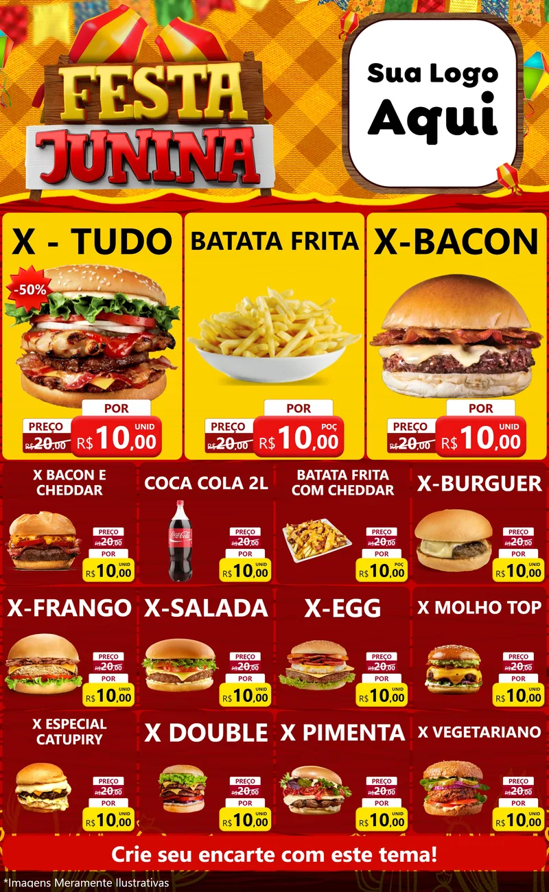 Modelo de Encarte para Encarte Grande com o tema Festa Junina para Hamburgueria