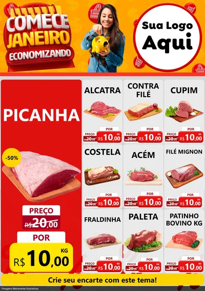 Modelo de Encarte para Encarte A4 Vertical com o tema Comece Janeiro Economizando para Açougue