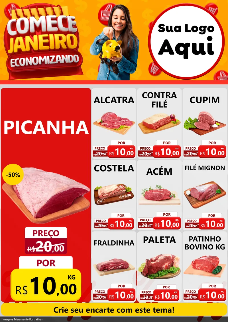 Modelo de Encarte para Encarte A4 Vertical com o tema Comece Janeiro Economizando para Açougue
