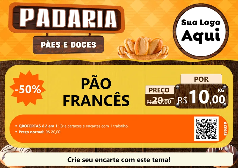 Modelo de Cartaz para Cartaz A4 Horizontal com o tema Padaria Pães e Doces para Padaria