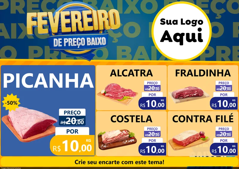 Modelo de Encarte para Encarte A4 Horizontal com o tema Fevereiro de Preço Baixo para Açougue