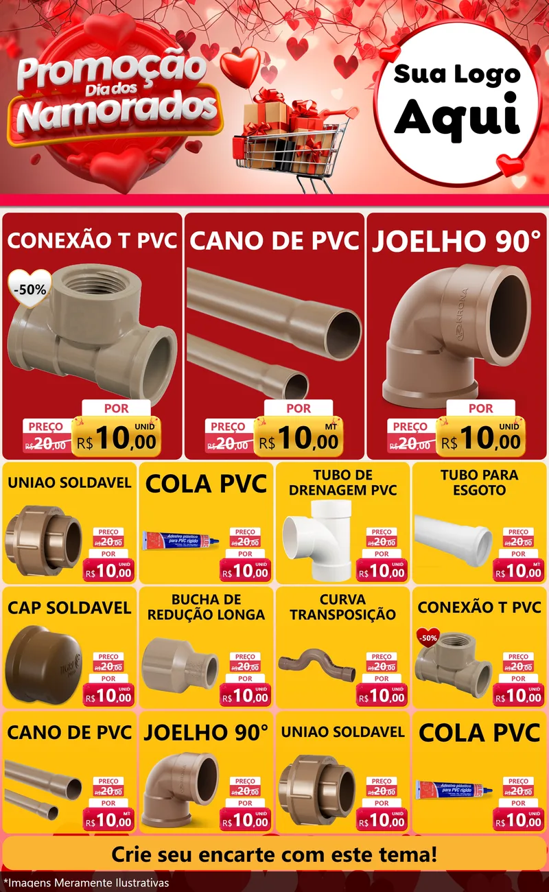 Modelo de Encarte para Encarte Grande com o tema Promoção Dia dos Namorados para Tubos e conexões