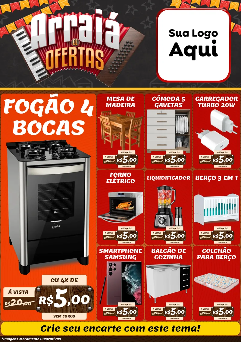 Modelo de Encarte para Encarte A4 Vertical com o tema Arraiá de Ofertas - Junina para Móveis e Eletro