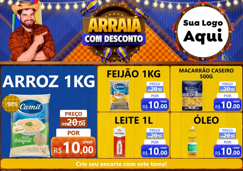Modelo de Encarte para Encarte A4 Horizontal com o tema Arraiá Com Desconto para Supermercado