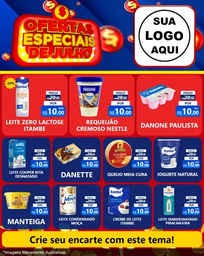 Modelo de Rede Social para Feed Instagram com o tema Ofertas Especiais de Julho para Frios e Laticínios