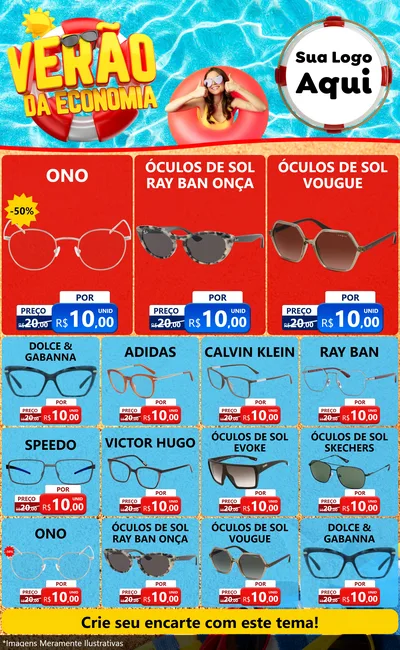 Modelo de Encarte para Encarte Grande com o tema Verão da Economia para Óticas