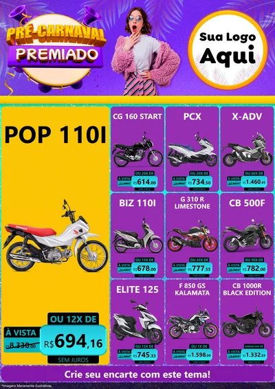 Modelo de Encarte para Encarte A4 Vertical com o tema Pré-Carnaval Premiado para Concessionaria de Motos