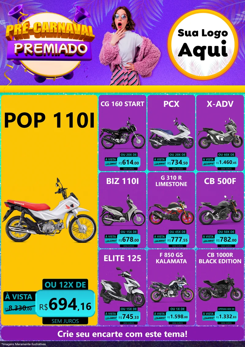Modelo de Encarte para Encarte A4 Vertical com o tema Pré-Carnaval Premiado para Concessionaria de Motos