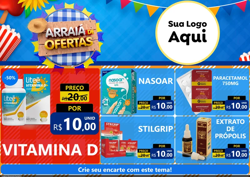 Modelo de Encarte para Encarte A4 Horizontal com o tema Arraiá de Ofertas para Farmácia
