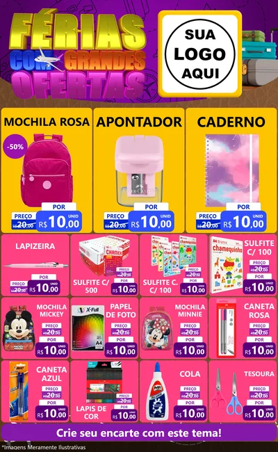 Modelo de Encarte para Encarte Grande com o tema Férias com Grandes Ofertas para Papelaria