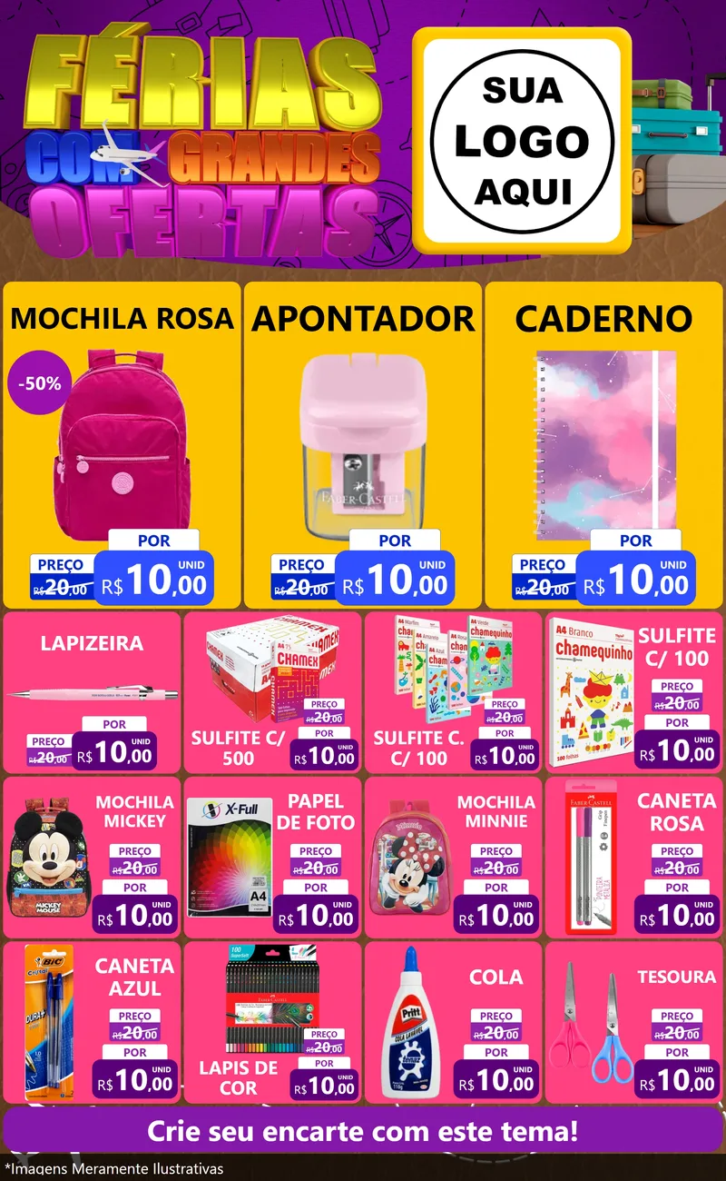 Modelo de Encarte para Encarte Grande com o tema Férias com Grandes Ofertas para Papelaria