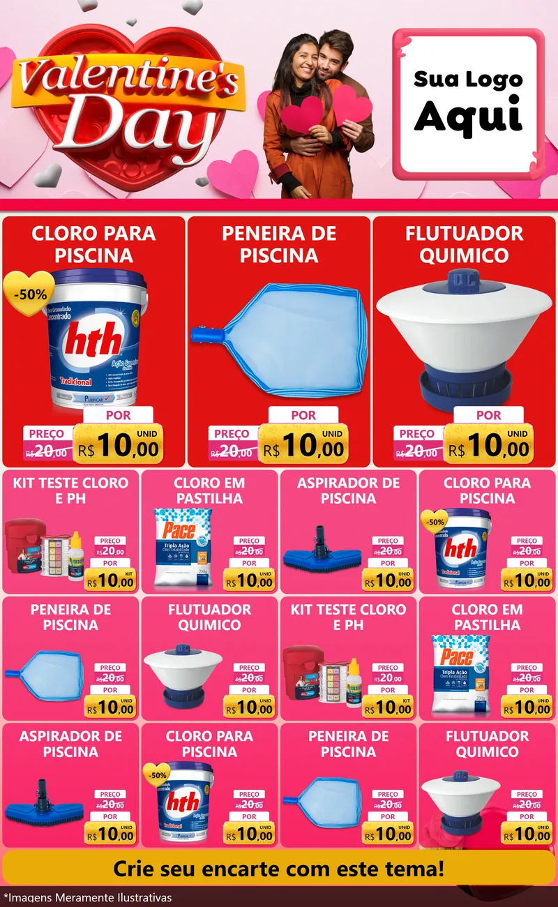 Modelo de Encarte para Encarte Grande com o tema Valentine's Day para Produtos para Piscina