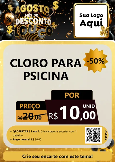 Modelo de Cartaz para Cartaz A4 Vertical com o tema Agosto Mês do Desconto Louco para Produtos para Piscina
