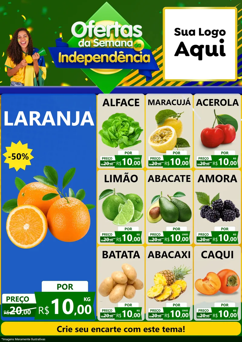 Modelo de Encarte para Encarte A4 Vertical com o tema Ofertas da Semana da Independência para Hortifrúti
