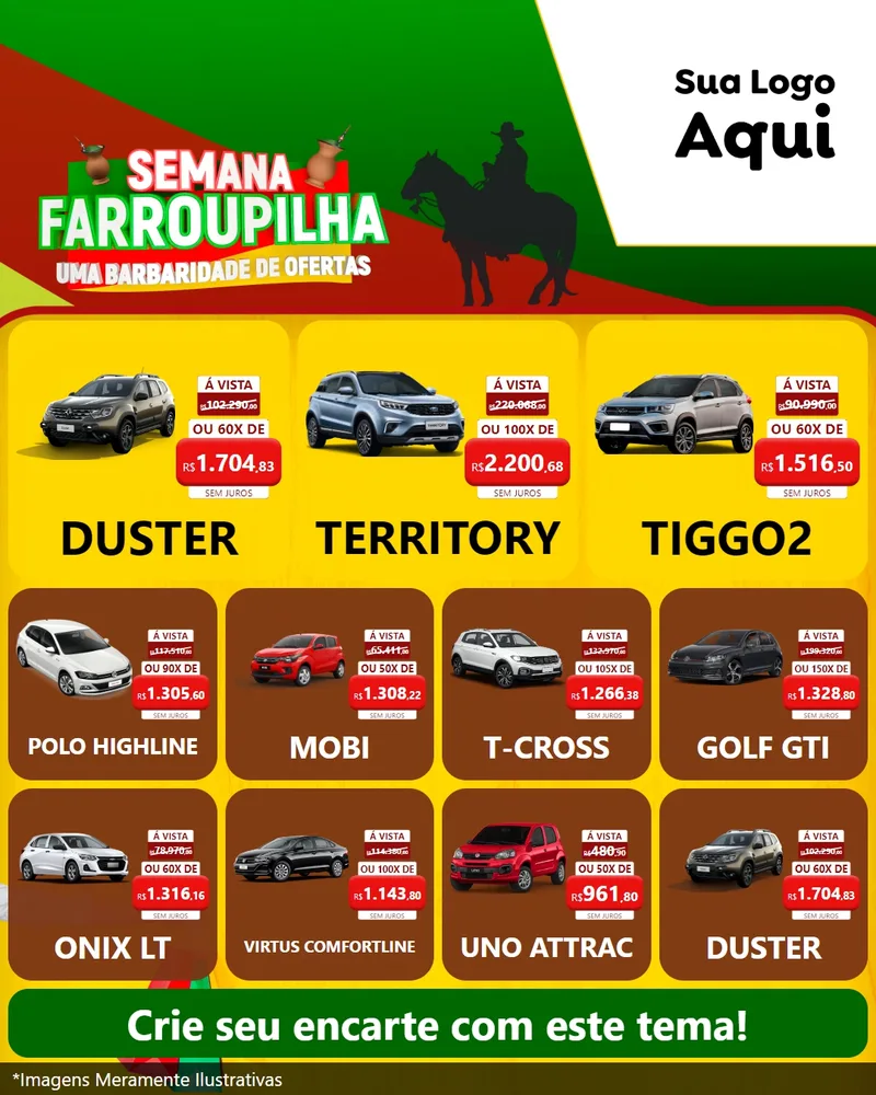 Modelo de Rede Social para Feed Instagram com o tema Semana Farroupilha - Uma Barbaridade de Ofertas para Concessionaria de Carros