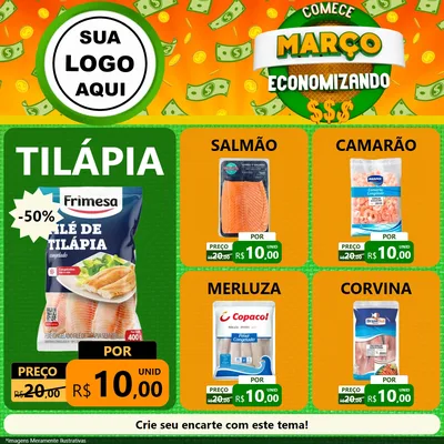 Modelo de Rede Social para Feed Facebook com o tema Comece Março Economizando para Peixaria