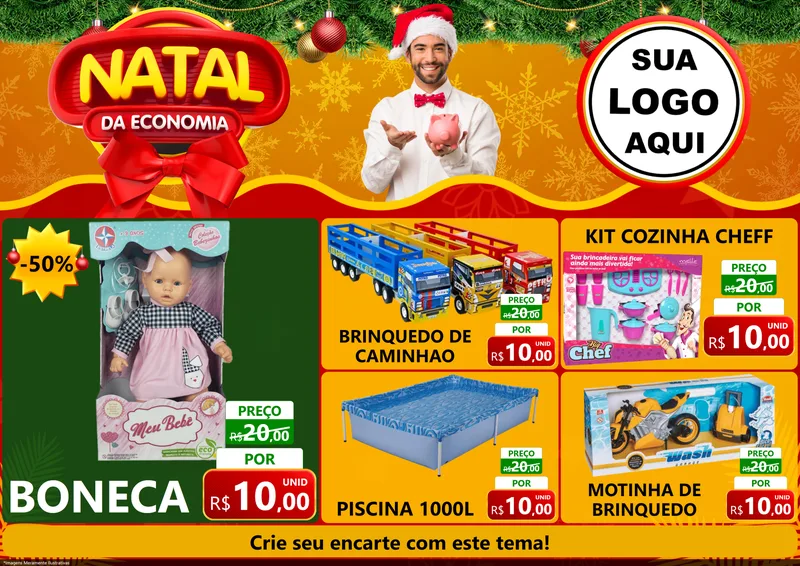 Modelo de Encarte para Encarte A4 Horizontal com o tema Natal da Economia para Brinquedos
