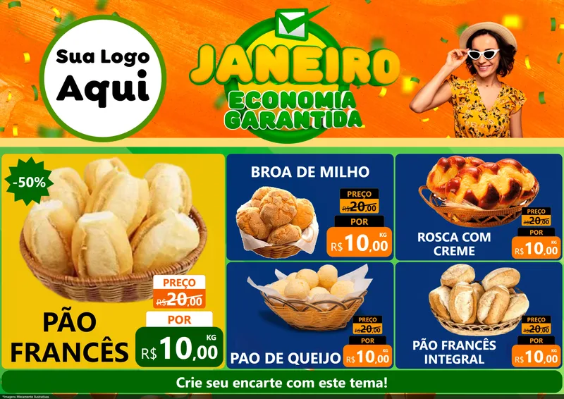 Modelo de Encarte para Encarte A4 Horizontal com o tema Janeiro - Economia Garantida para Padaria