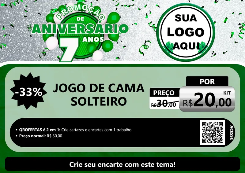 Modelo de Cartaz para Cartaz A4 Horizontal com o tema Promoção de Aniversário - 7 Anos para Cama, Mesa e Banho