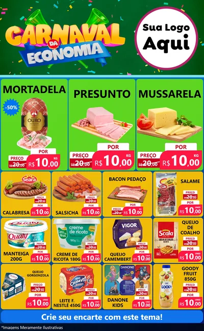 Modelo de Encarte para Encarte Grande com o tema Carnaval da Economia para Frios e Laticínios