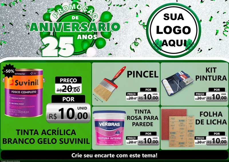 Modelo de Encarte para Encarte A4 Horizontal com o tema Promoção de Aniversário - 25 Anos para Tintas e Ferramentas