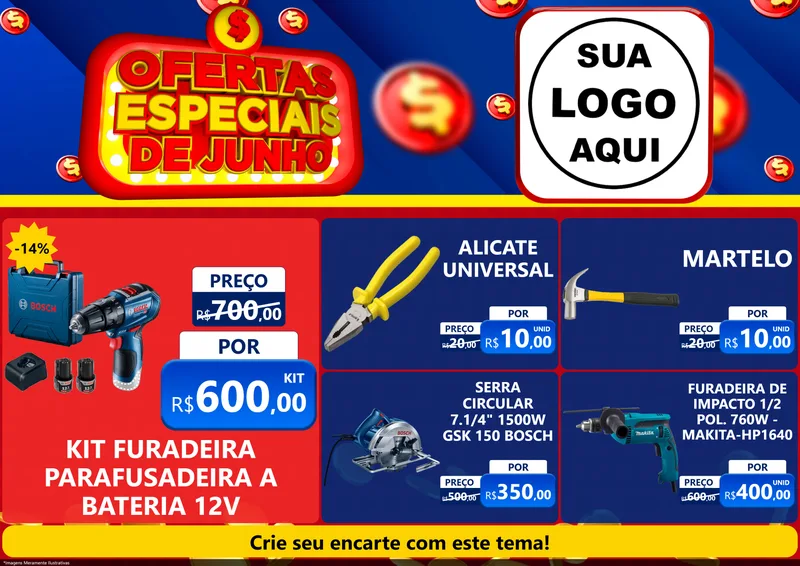 Modelo de Encarte para Encarte A4 Horizontal com o tema Ofertas Especiais de Junho para Maquinas e Ferramentas