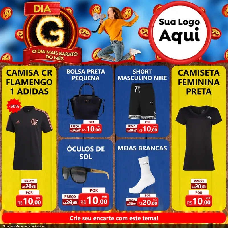 Modelo de Rede Social para Feed Facebook com o tema Dia G - O Dia Mais Barato Do Mês para Roupas e acessórios