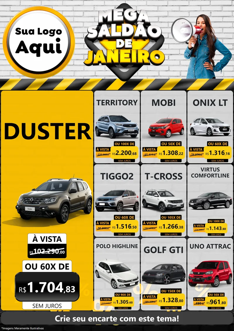 Modelo de Encarte para Encarte A4 Vertical com o tema Mega Saldão de Janeiro para Concessionaria de Carros