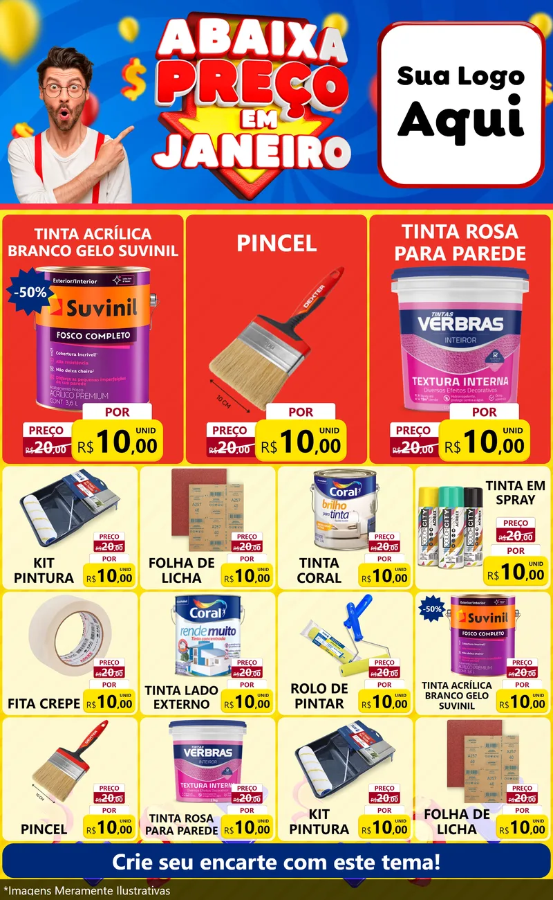 Modelo de Encarte para Encarte Grande com o tema Abaixa Preço em Janeiro para Tintas e Ferramentas