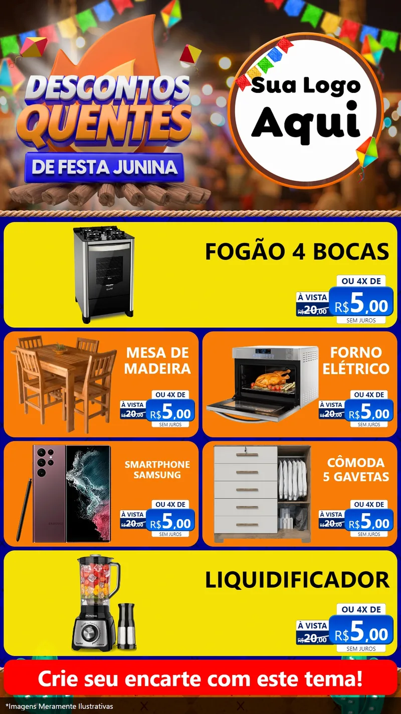 Modelo de TV para TV Vertical com o tema Descontos Quentes de Festa Junina para Móveis e Eletro