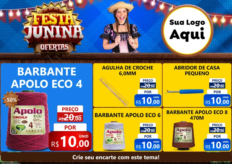 Modelo de Encarte para Encarte A4 Horizontal com o tema Festa Junina Ofertas para Armarinho e Aviamentos