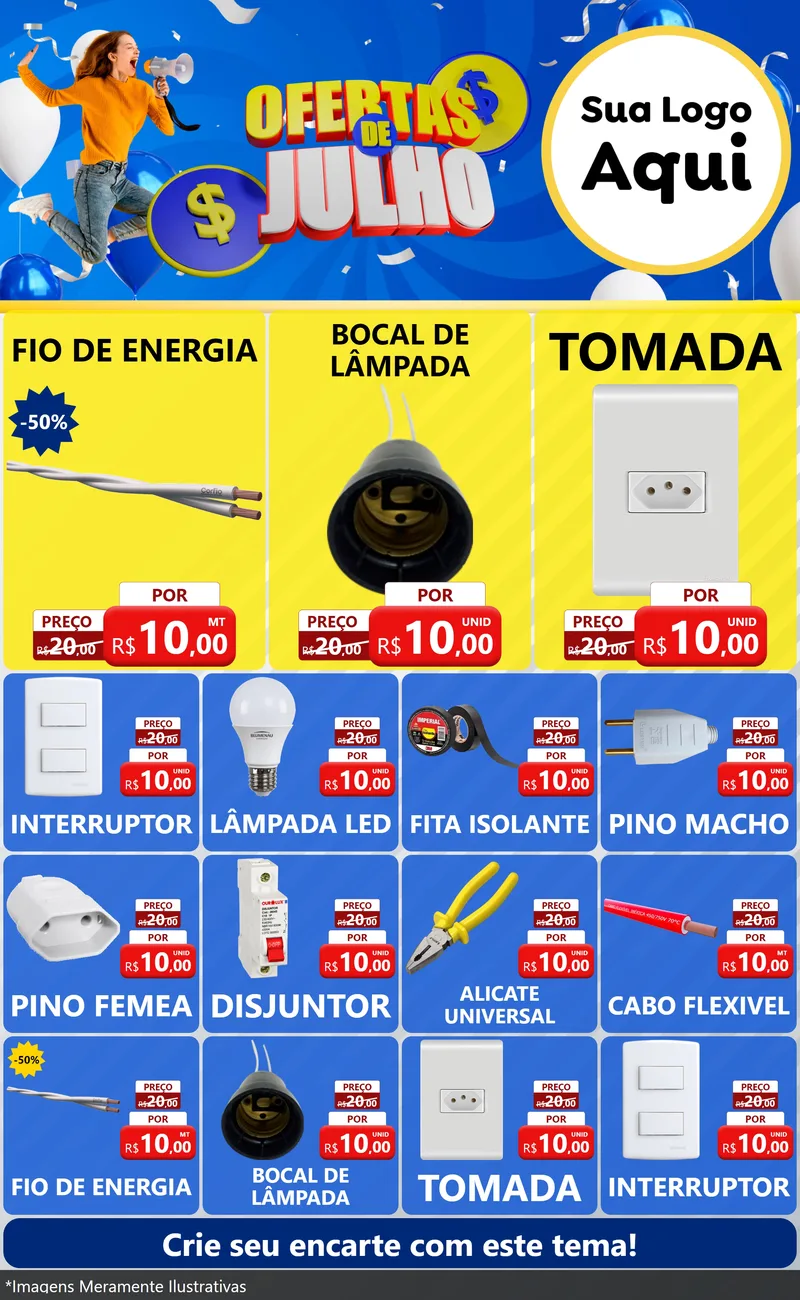 Modelo de Encarte para Encarte Grande com o tema Ofertas de Julho para Materiais Elétricos