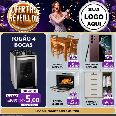 Modelo de Rede Social para Feed Facebook com o tema Ofertas de Réveillon para Móveis e Eletro